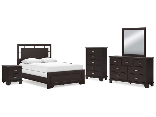 Signature Design by Ashley  Covetown Queen Panel Bed with Mirrored Dresser, Chest and 2 Nightstands