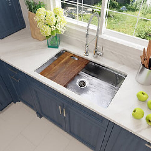 Nantucket Sinks Nantucket Sinks Brightwork Collection Hammered Stainless Steel Large Single Bowl Prep Station Sink.  Sink Includes Accacia Cutting Board