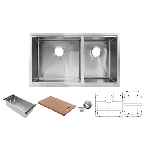 Nantucket Sinks Nantucket Sinks' SR-PS-3219-OS-16 Offset Double Bowl Prep Station Small Radius Undermount Stainless Sink With Accessories