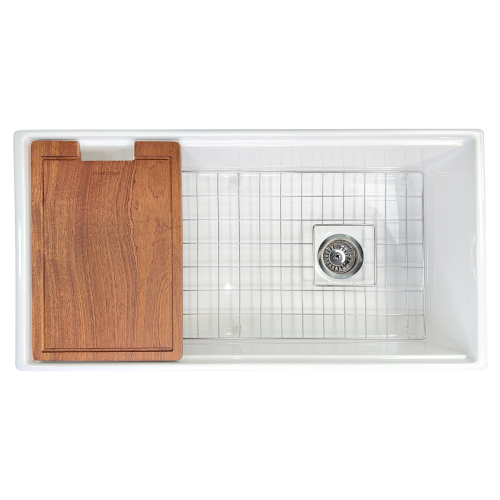 Nantucket Sinks Nantucket Sinks 36 Inch White Farmhouse Workstation Fireclay Sink With Offset Drain, Integral Shelf For Cutting Board, Bottom Grid And Drain